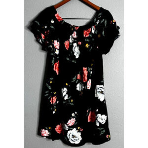Old Navy Large Dress Black Floral Tropical Off Shoulder Smocked Hem Flowy Casual
